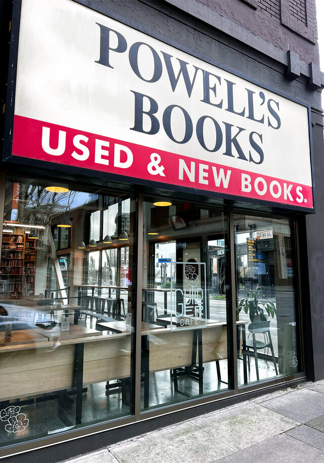 Guilder logo in Powell's Book window, we are so excited about this