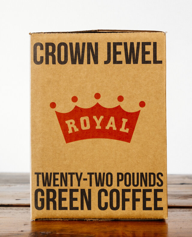 Royal Coffee box that has the new crown we designed