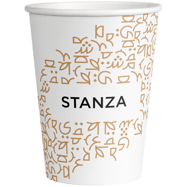 Front of Stanza to-go cup, logo with pattern swash