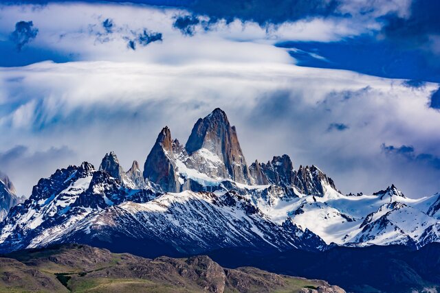 Beautiful view of mount fitz roy in patagonia covered in snow