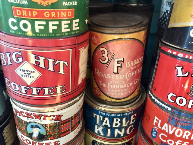 A stack of vintage coffee cans taken at Royal Coffee Importers in Oakland.