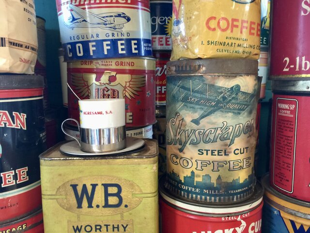 A stack of vintage coffee cans taken at Royal Coffee Importers in Oakland.