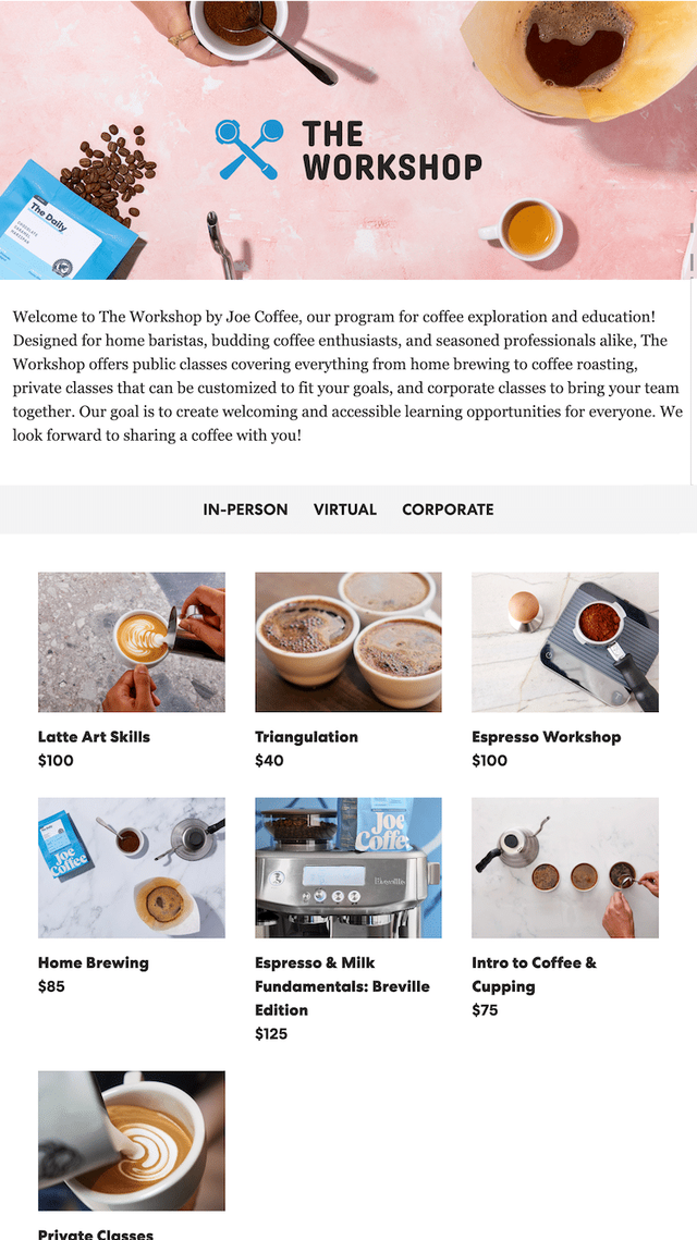 Joe Coffee website classes iPhone view
