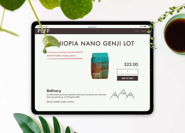 Puff Coffee Ethiopia Nano Genji Coffee page on an iPad