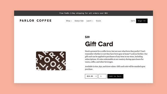 Parlor Gift card page