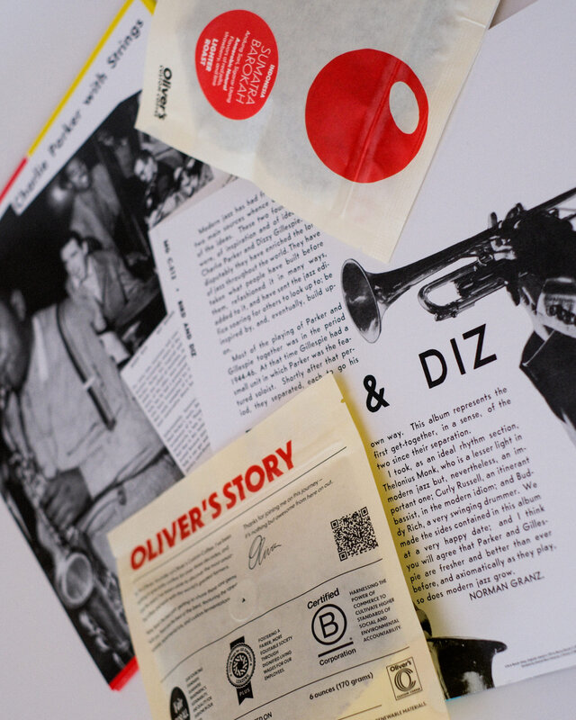 Back of Oliver's bag with jazz albums