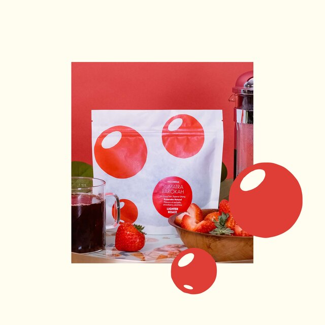 Coffee packaging for coffees from around the world, cream with red cherry illustrations