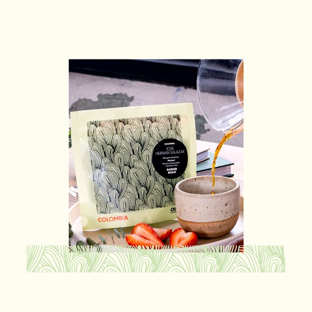 Coffee packaging for coffees from Colombia, Green with a black Grow illustration