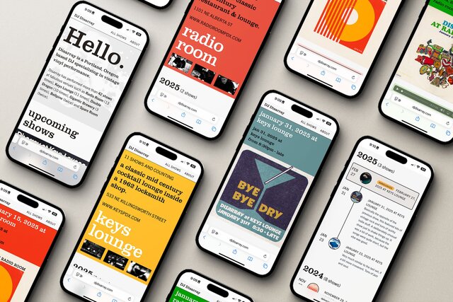 A collection of iPhone devices demonstrating the DJ Disarray website
